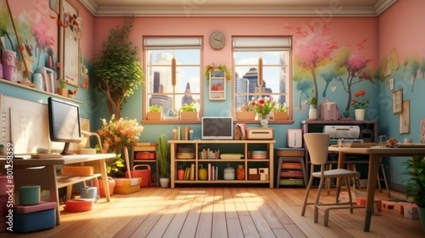 Fototapeta Cozy home office with a view of the city
