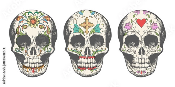 Obraz Colored Sugar Skull Tattoo Set. Vector Illustration