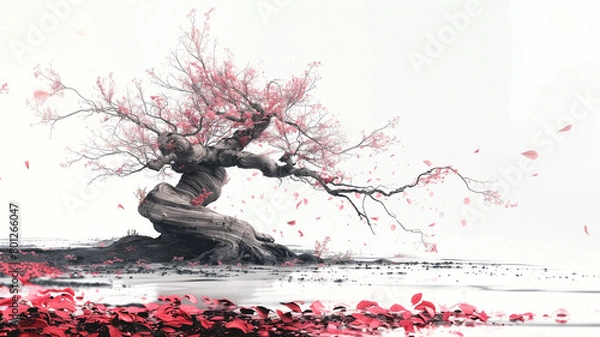 Fototapeta A ancient sakura tree paint with pink petals flowing wind blows isolated on white background