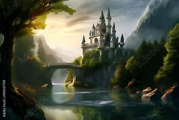 Fototapeta Enchanted Castle Floating over Serene Lake in Mystical Forest, Digital illustration Magical Land Of Enchanted Forests, Castle, Sparkling Waterfalls And Lush Meadows, Lake And Fairy Tail.