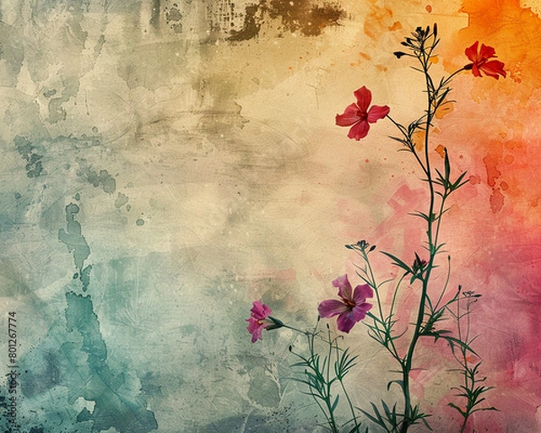 Obraz Artistic expression of grunge and beauty with watercolor plants and flowers emerging from an abstract