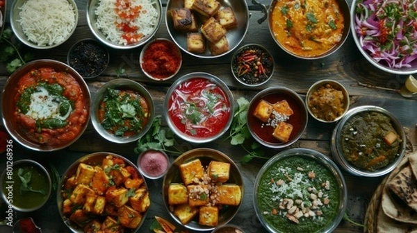 Fototapeta A colorful array of Indian paneer dishes, showcasing the versatility and richness of this beloved ingredient in Indian cuisine.