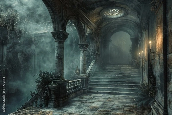 Fototapeta A dark and gloomy hallway with a staircase leading up to a large door