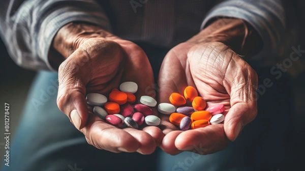 Fototapeta Pills in the hands of an elderly man.