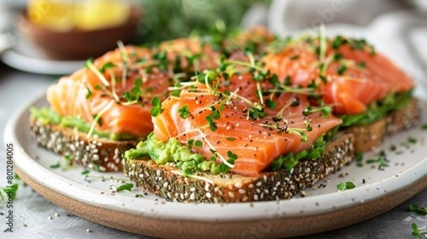 Fototapeta Gourmet Salmon on Avocado Toast with micro greens, dark background. Healthy natural food concept. Gourmet breakfast.  Image for menu, recipe, banner, poster.