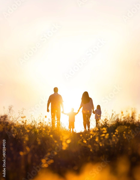 Obraz Silhouette of a happy family walking peacefully along a flower path in a field at sunset, family month loving family background concept, Generative AI
