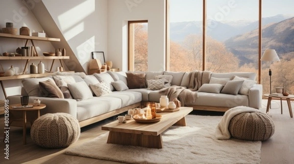 Fototapeta A cozy living room with a large sectional sofa, coffee table, rug, and floor-to-ceiling windows overlooking a mountain landscape.