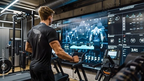 Fototapeta Athlete Training with Advanced Biometric Monitoring System in High-Tech Gym