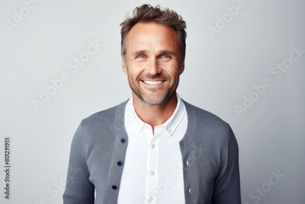 Fototapeta Portrait of a smiling man in his 40s wearing a chic cardigan isolated on white background