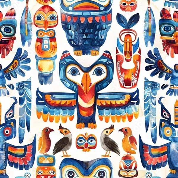 Fototapeta Totem poles and spirit animals, totemic boho watercolor, seamless pattern, bold colors and sacred symbols, ancestral connections.Seamless Pattern, Fabric Pattern, Tumbler Wrap, Mug Wrap.