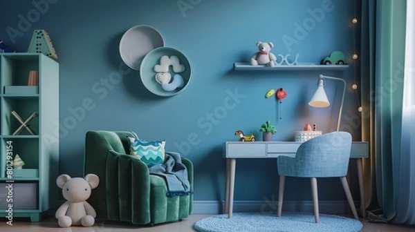 Fototapeta Detailed view of a kid's room with a blue wall, featuring a green armchair, gray desk, round shelf, and decorative plush toys, under soft lighting