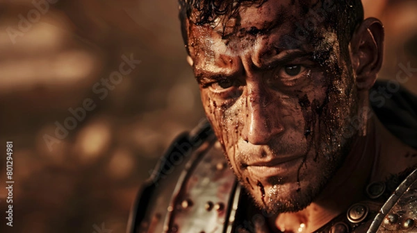 Fototapeta A close-up of a Roman gladiator in the arena, with scars and determination visible on his face. Epic shot.



