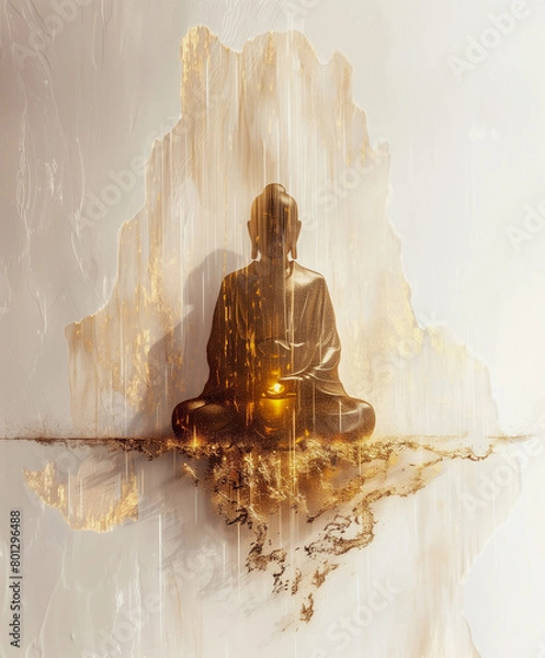 Obraz Abstract silhouette paint statue of buddha dark gold tones  with glowing halo light radius head on white background.