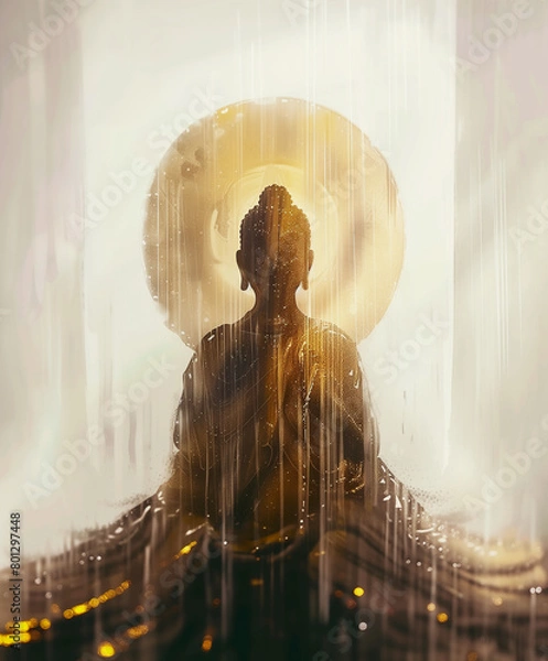 Obraz Abstract silhouette paint statue of buddha dark gold tones  with glowing halo light radius head on white background.
