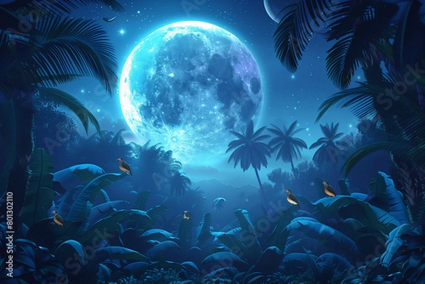 Fototapeta Fantasy background with tropical palm, banana leaves, birds and animals, can be used as background, wallpaper. tropical jungle at night with huge moon , 3d, illustration
