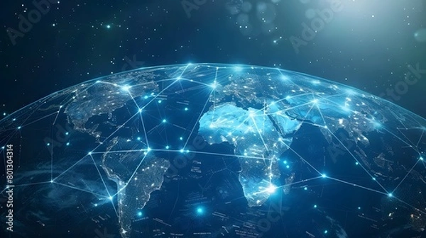 Fototapeta Map of the planet. World map. Global social network. Future. Vector. Blue futuristic background with planet Earth. Internet and technology. Floating blue plexus geometric background.