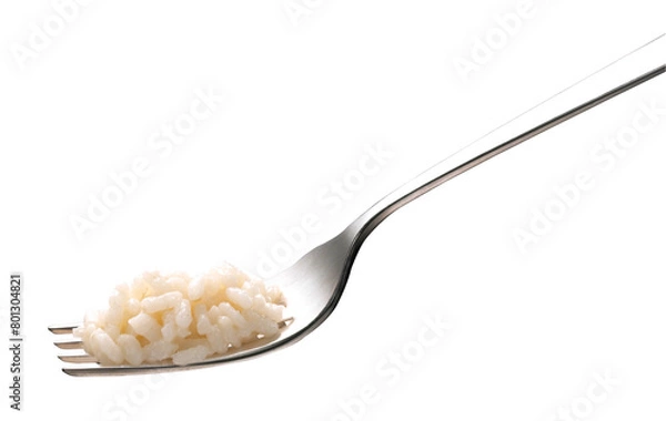 Fototapeta fork with portion of white rice on isolated background