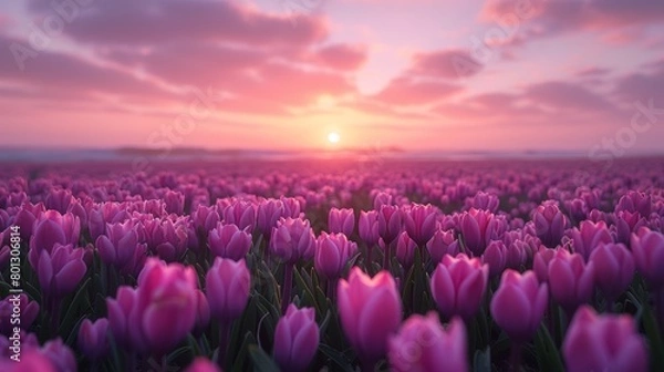 Fototapeta Experience the breathtaking beauty of endless tulip fields bathed in the warm glow of a sunset. This image captures a tranquil and majestic spring evening.