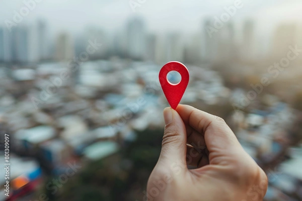 Fototapeta Investing in real estate and land to create returns concept, demand for purchasing land in a good location, close-up of a person hand holding red pin icon in city background