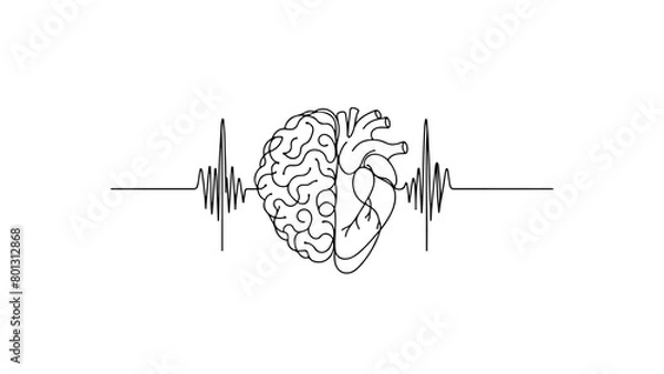 Fototapeta A minimalistic continuous line drawing depicting a brain connected to a heart through wave