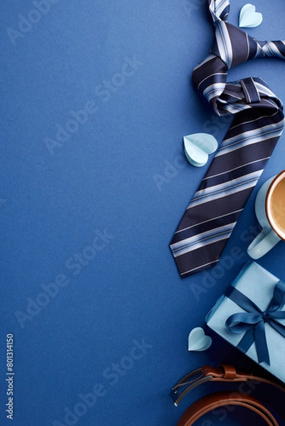 Obraz Beautifully curated Father's Day scene featuring a classic tie, coffee cup, and gift box, offering ample space to write heartfelt wishes or greetings