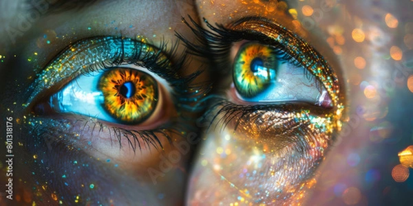 Fototapeta Enchanting Close-up of Sparkling Eyes Illuminated with Vibrant Colors and Glitter