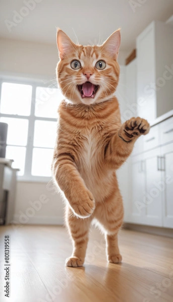 Fototapeta Playful Orange Tabby Cat Leaping in Hallway