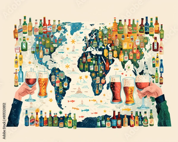 Obraz Craft beer enthusiasts sharing a toast over a world map made of beer bottles