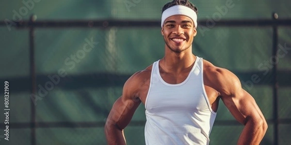 Obraz Smiley mixed-race tennis player alone on court. An athletic Hispanic with hands on hips and confidence at sports club. Get ready for a fit game