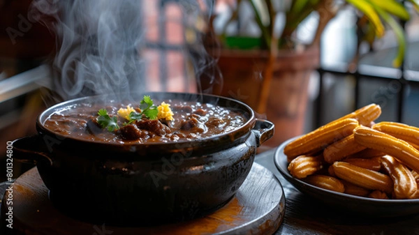 Fototapeta A steaming pot of mole poblano with churros on the side