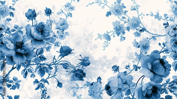 Obraz Vintage creeping blue rose floral paint on white background with copy space for text in style vintage, retro.