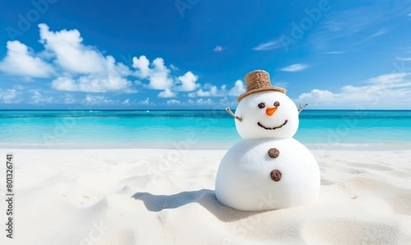 Obraz snowman on the beach under blue sky