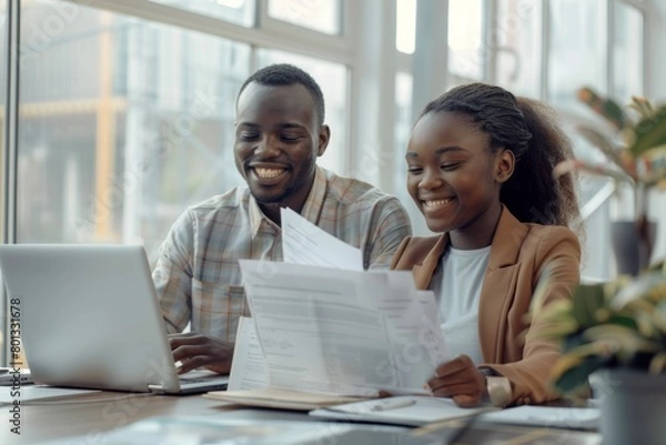Fototapeta Two joyful young diverse office coworkers using a tablet. Asian confident businesswoman and smiling Caucasian businessman brainstorming company plans and ideas on device