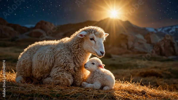 Fototapeta A newborn lamb and its mother resting in a nativity scene,  with the Star of Bethlehem shining in the night sky behind them.