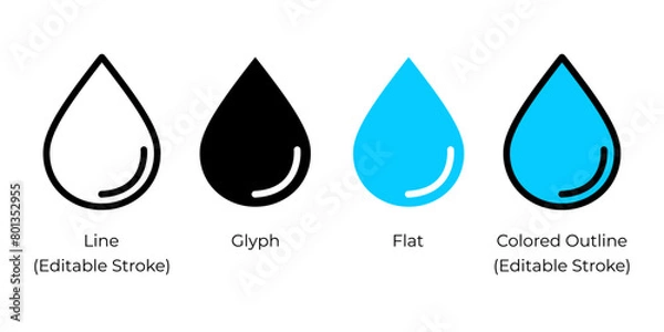 Fototapeta Drop, water droplet vector icon set for website design, app, ui, isolated on white background. Vector illustration.