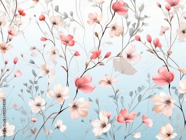 Fototapeta Flat graphic illustration of delicate hanging blooms in soft pastels for serene fabric prints and paper art ,  seamless pattern