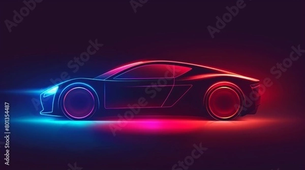 Fototapeta Abstract vector illustration of a futuristic neon-glowing concept car silhouette, suitable for banners, wallpapers, and marketing advertising.
