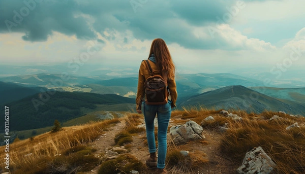 Fototapeta Woman walking on a path in mountains