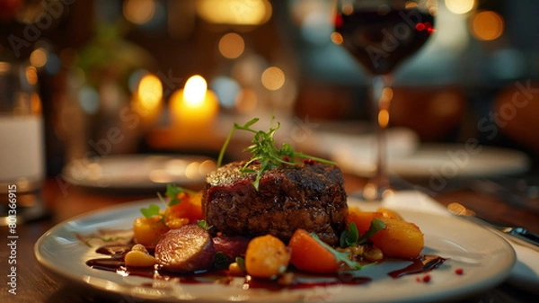 Obraz steak grilled with fresh ingredients well flavor on beautiful plate, served on restaurant table background for meals, dinner, lunch for delicious food theme