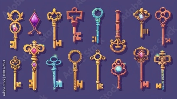 Obraz Vintage old keys of house door lock. Symbol of secret, security, magic objects. Ancient golden and metal keys with ornate and gemstones isolated on background, vector cartoon icons set