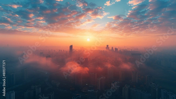 Fototapeta A panoramic aerial view of the city at dawn, with the early light casting long shadows,
