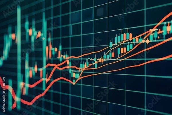 Fototapeta Digital display with stock market chart, green and red bars representing financial data