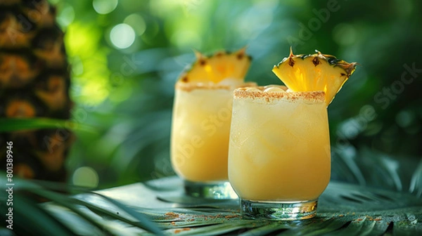 Fototapeta A sunny beach with two summer coconut milk cocktails adorned with slices of pineapple
