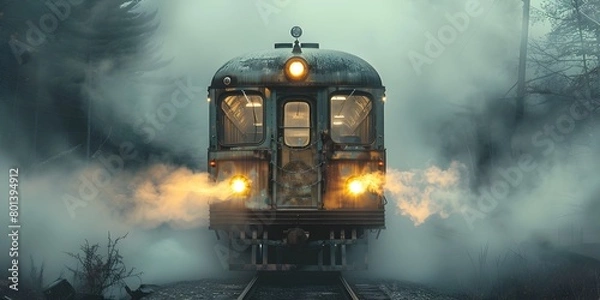 Fototapeta Haunting Locomotive Emerges from Mysterious Fog Exploring Historical Transportation Disasters
