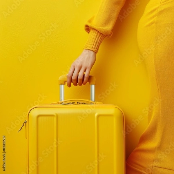 Obraz A woman's hand holding a bright yellow suitcase