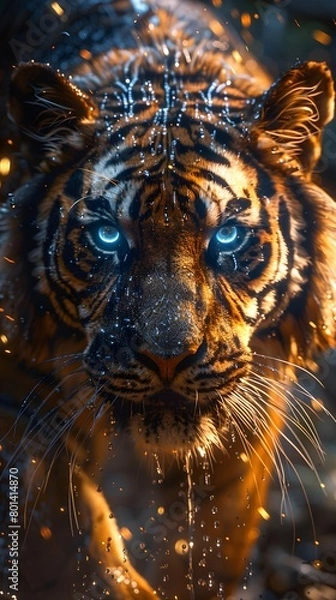 Fototapeta Digital Majesty: Blue-Eyed Tiger Amidst Sparkling Lights