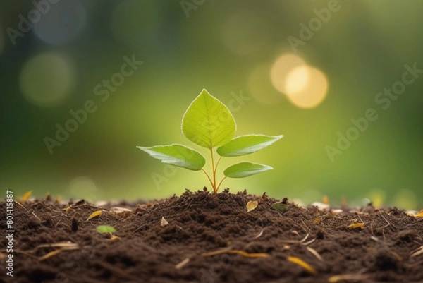 Obraz Young plant growing in the morning light and green nature bokeh background , new life growth ecology business financial progress concept ,Earth Day