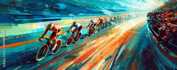 Fototapeta A gripping velodrome cycling race, with cyclists zooming around the track amid the enthusiastic cheers of the crowd.