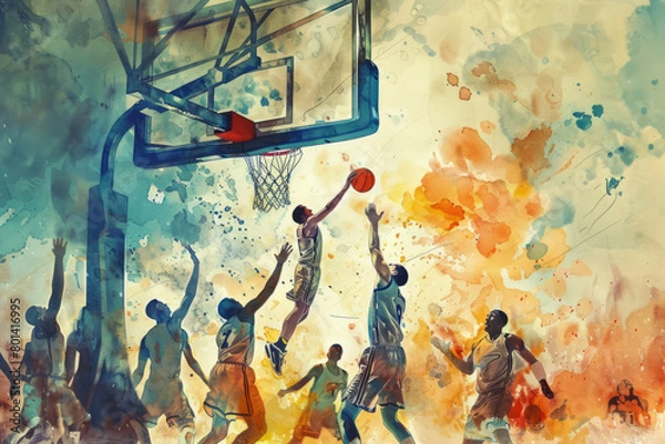 Fototapeta A basketball game, featuring players leaping and shooting on a vibrant court, highlighting teamwork and athleticism amidst cheering fans and an enthusiastic crowd.