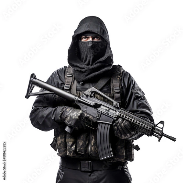 Fototapeta Terrorist holding Russian automatic machine assault rifle. Masked special forces operative in tactical gear holding a rifle